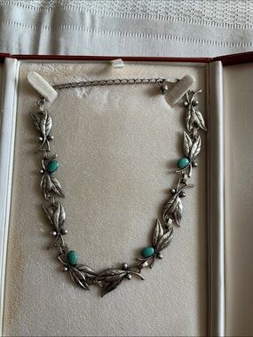 Sterling Silver Leaf Necklace with Turquoise Accents - Women Jewelry Necklaces